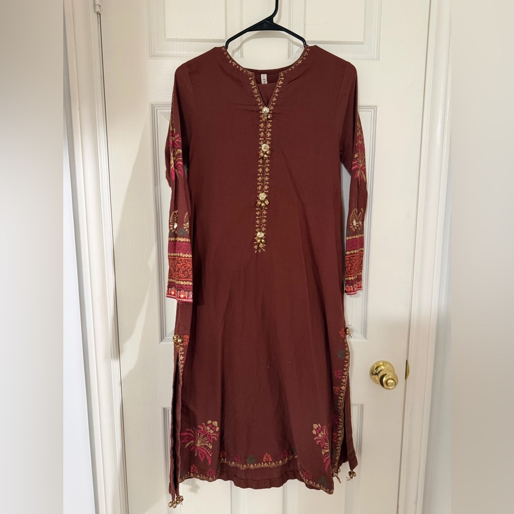 Elegant Brown Embroidered Dress